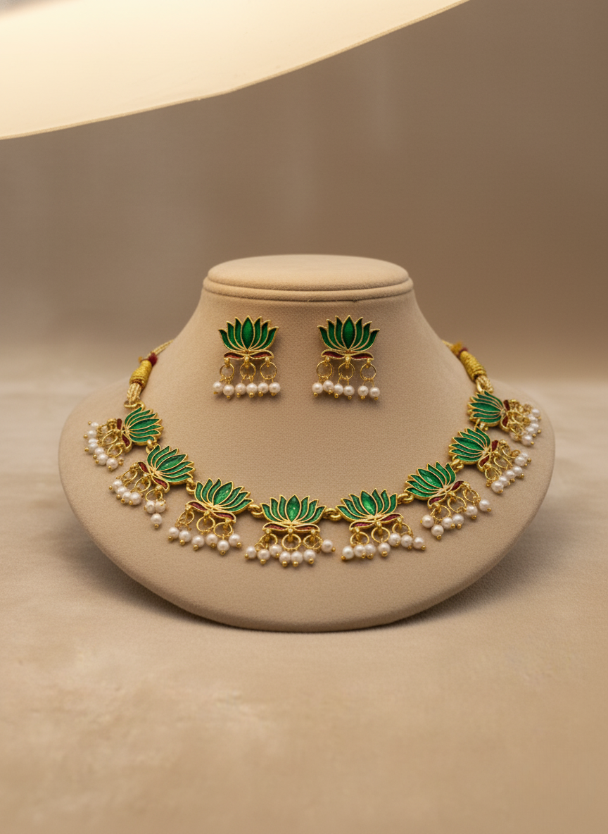 Lotus Enamel Pearl Necklace Set – Emerald Edition