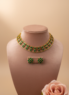 Emerald Green Double-Layer Choker Necklace Set – Antique Gold Finish