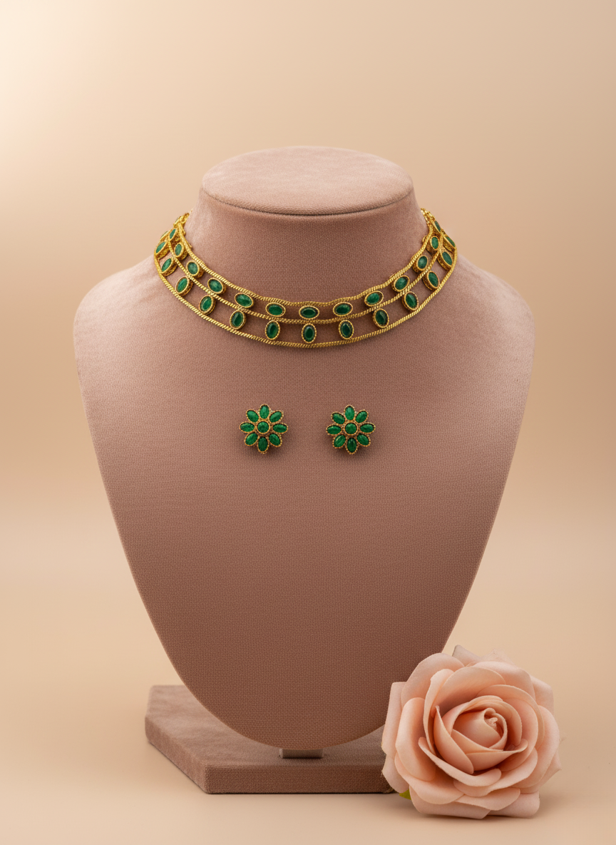 Emerald Green Double-Layer Choker Necklace Set – Antique Gold Finish