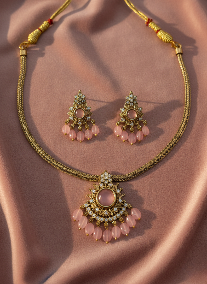 Blush Pink CZ & Bead Necklace Set – Gold Finish