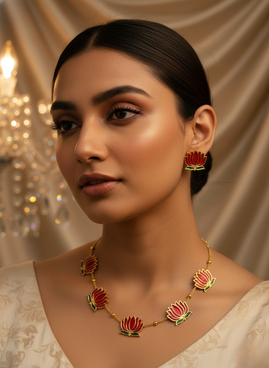 Kashwi Scarlet Lotus Enamel Necklace Set