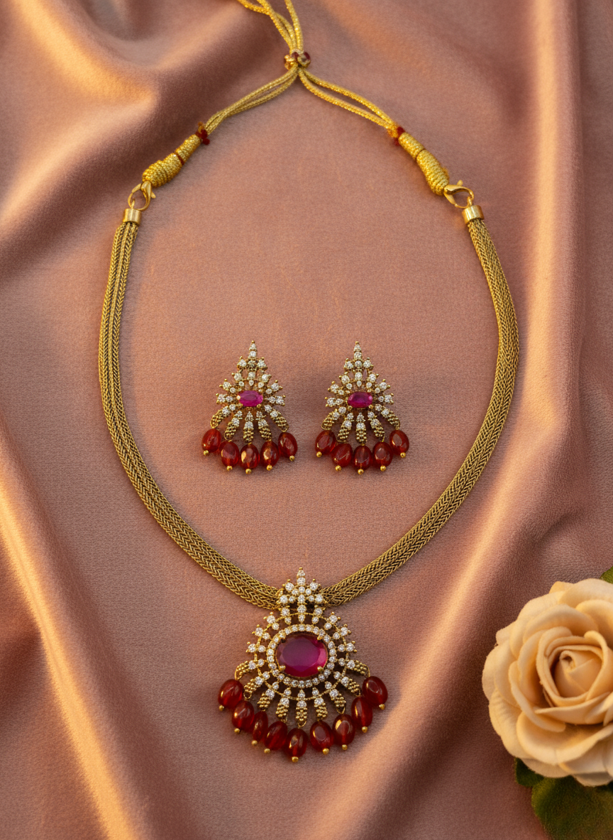 Ruby Red CZ & Bead Necklace Set – Gold Finish