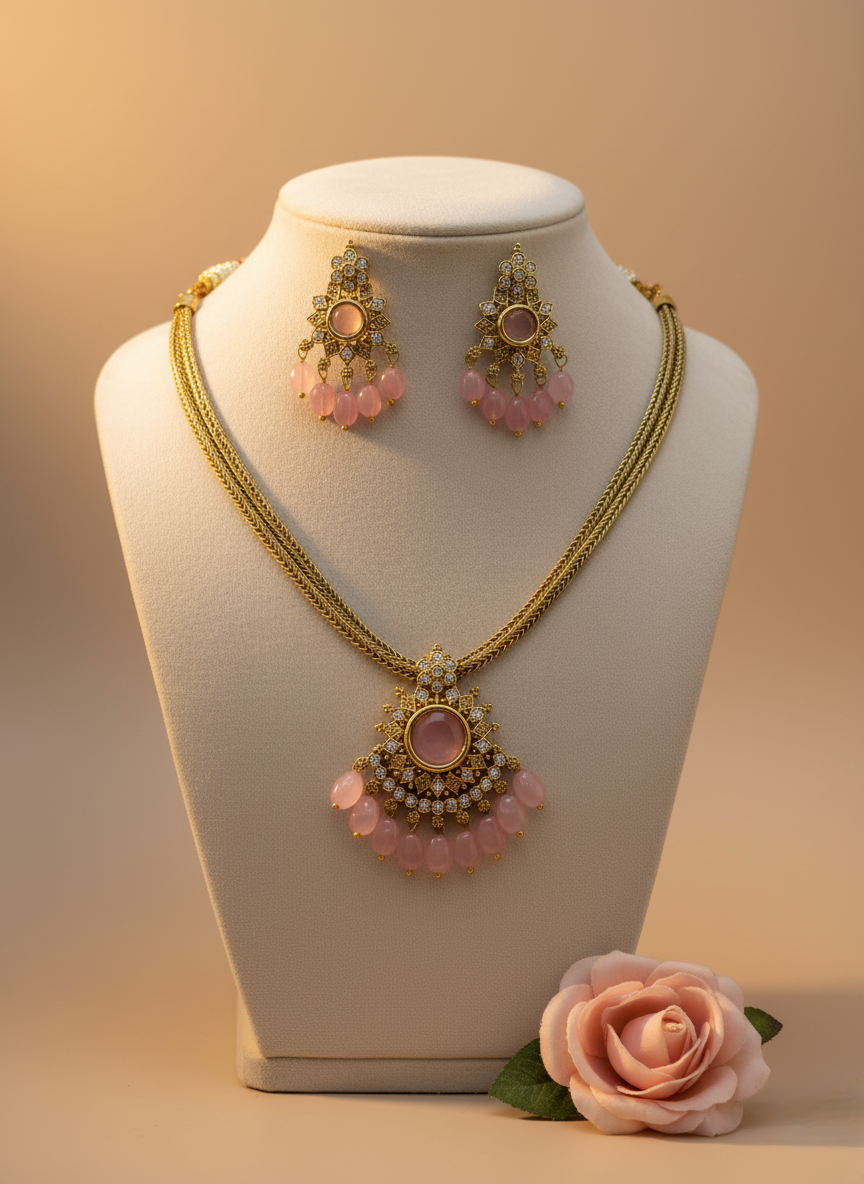 Blush Pink CZ & Bead Necklace Set – Gold Finish