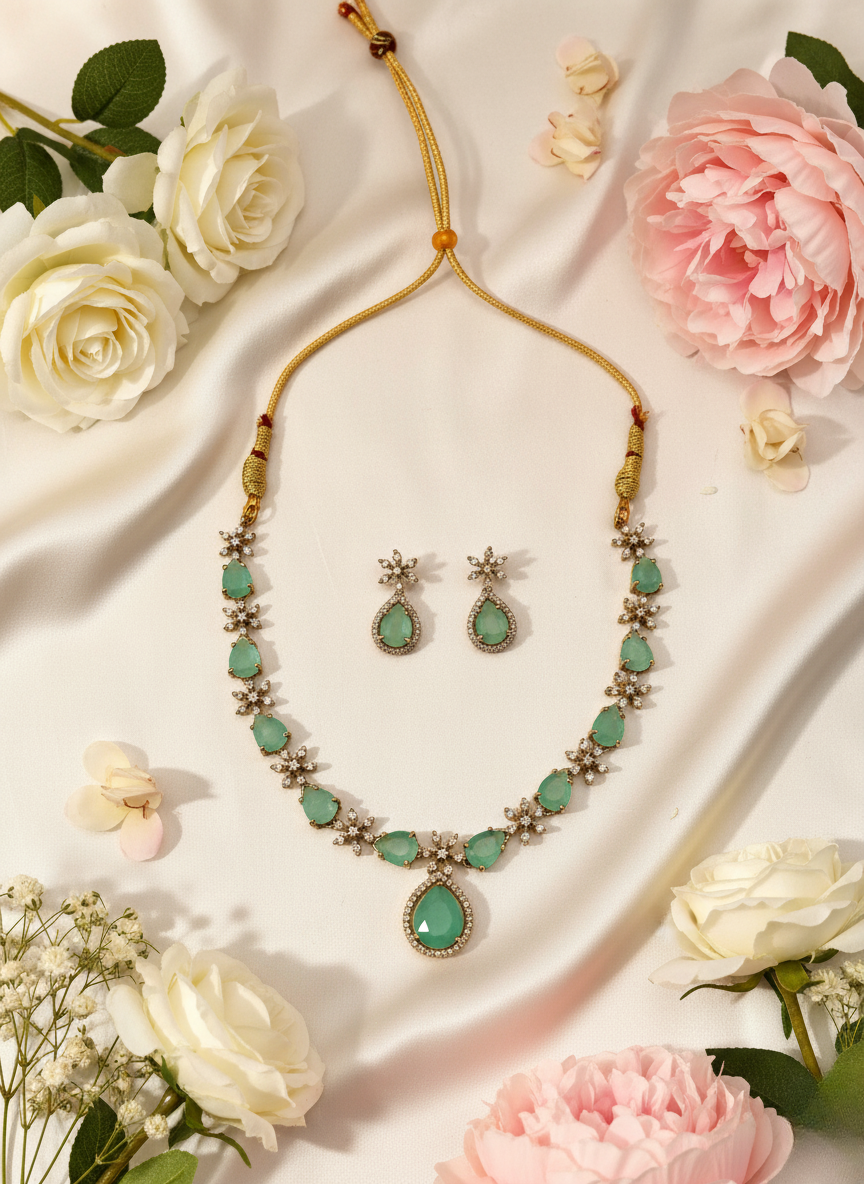 Mint Green AD Necklace Set – Luxe Floral Elegance