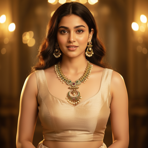 Antique Temple Chandbali Necklace Set – Ruby, Emerald & Pearl Finish