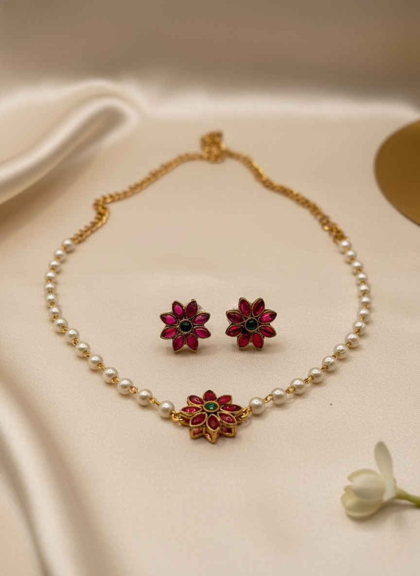 Kashwi Ruby Lotus Pearl Necklace Set
