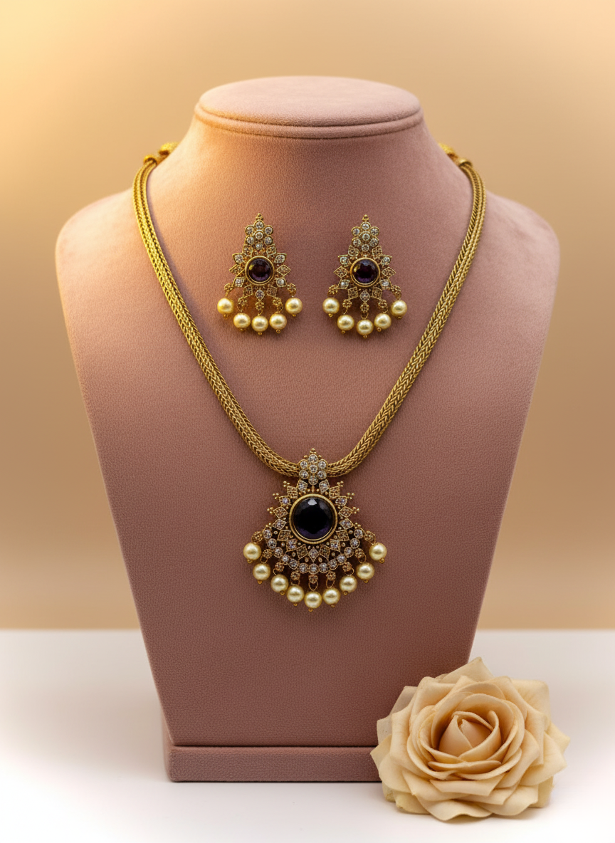 Black CZ & Pearl Necklace Set – Gold Finish