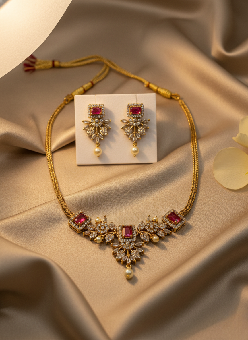 Kashwi Ruby Bloom AD Necklace Set