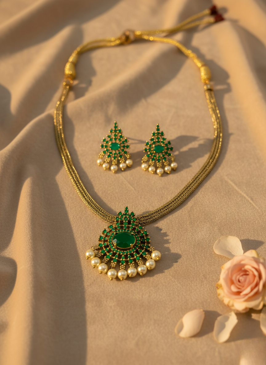 Emerald Green CZ & Pearl Necklace Set – Gold Finish