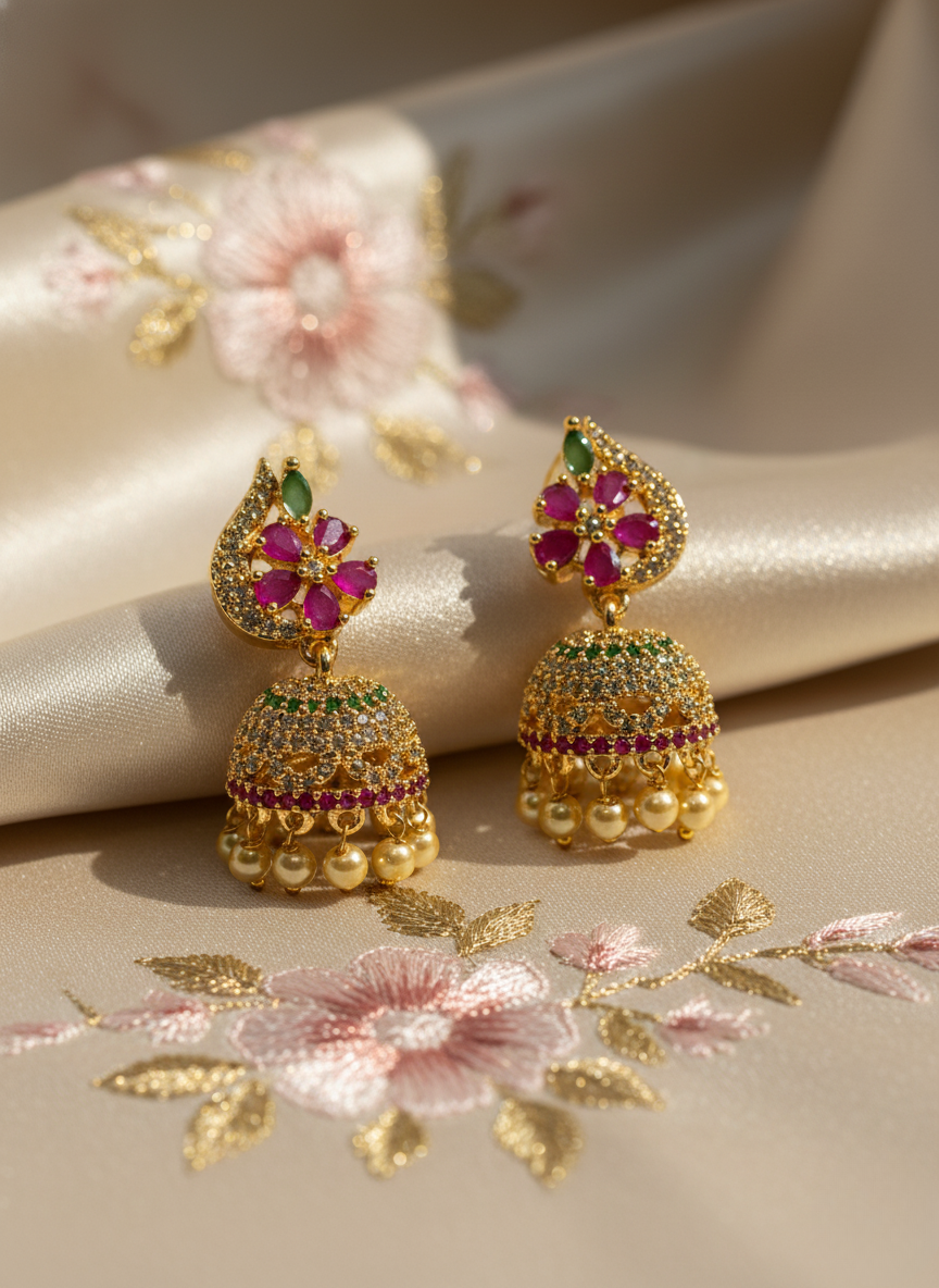 Emerald Ruby AD Jhumkis – Regal Bloom