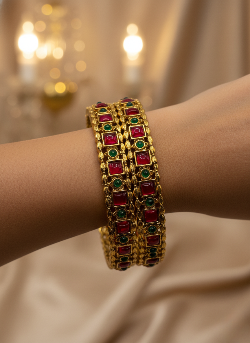 Antique Ruby Square Floral Bangles (Set of 2)