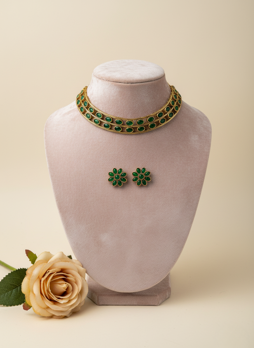 Emerald Green Choker Necklace Set – Antique Gold Finish