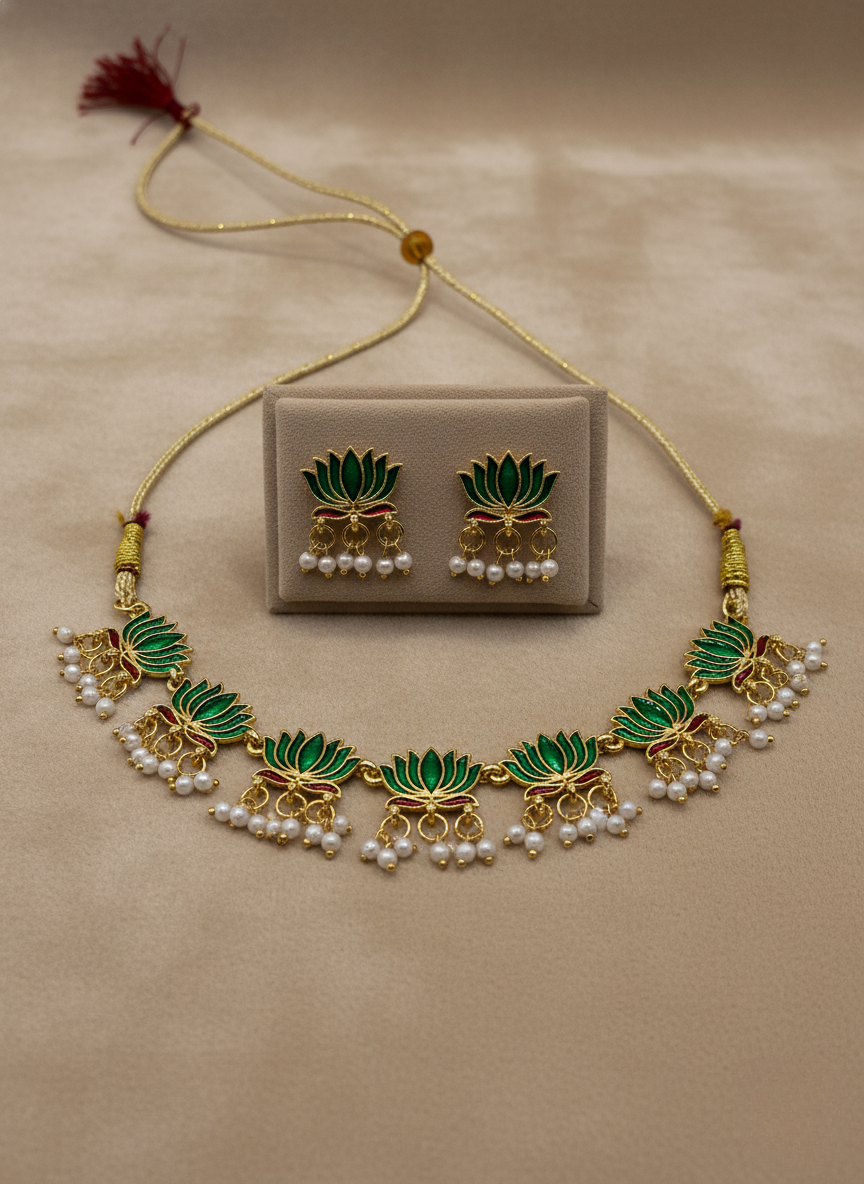 Lotus Enamel Pearl Necklace Set – Emerald Edition