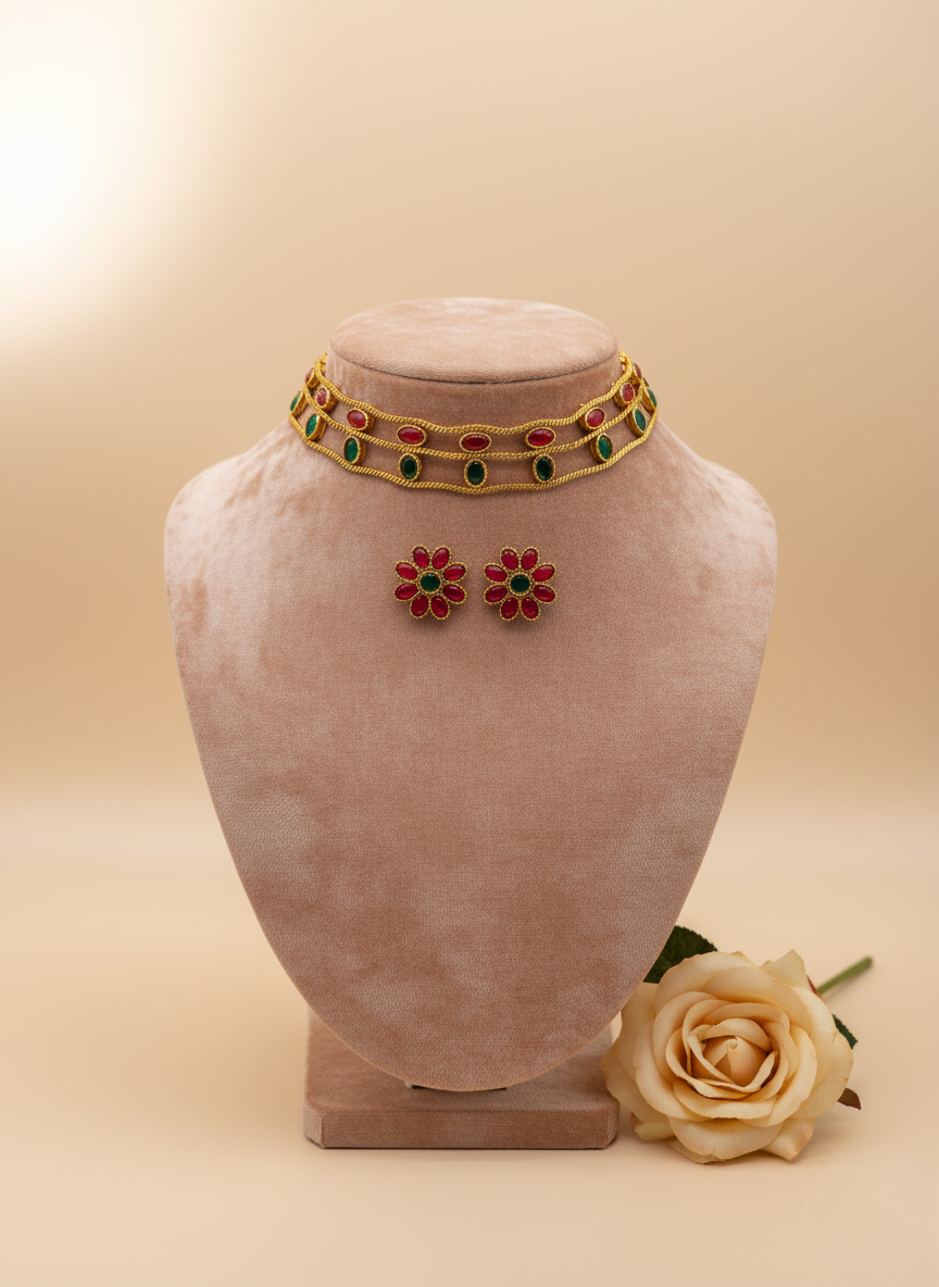 Ruby–Emerald Dual Stone Choker Necklace Set – Antique Gold Finish