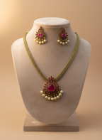Ruby Red CZ & Pearl Necklace Set – Gold Finish