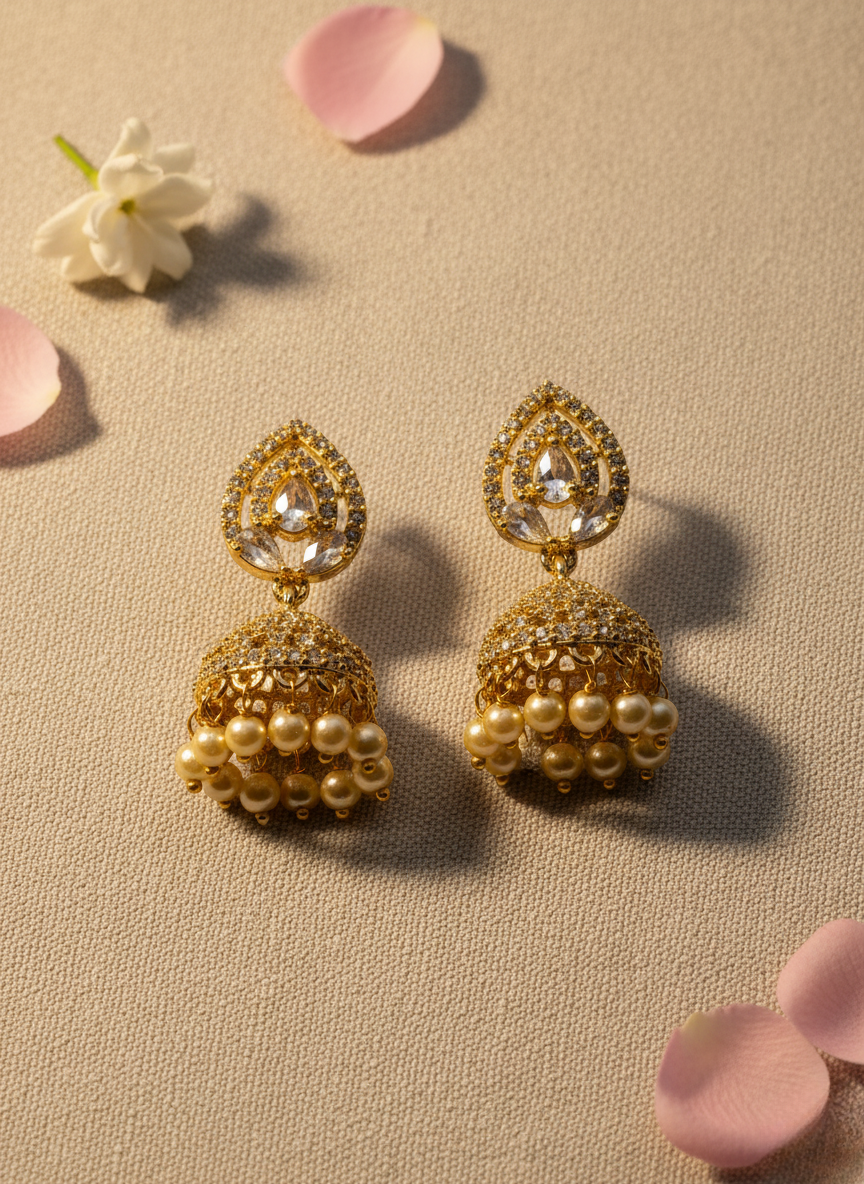 Classic Pearl AD Jhumkis – Golden Grace