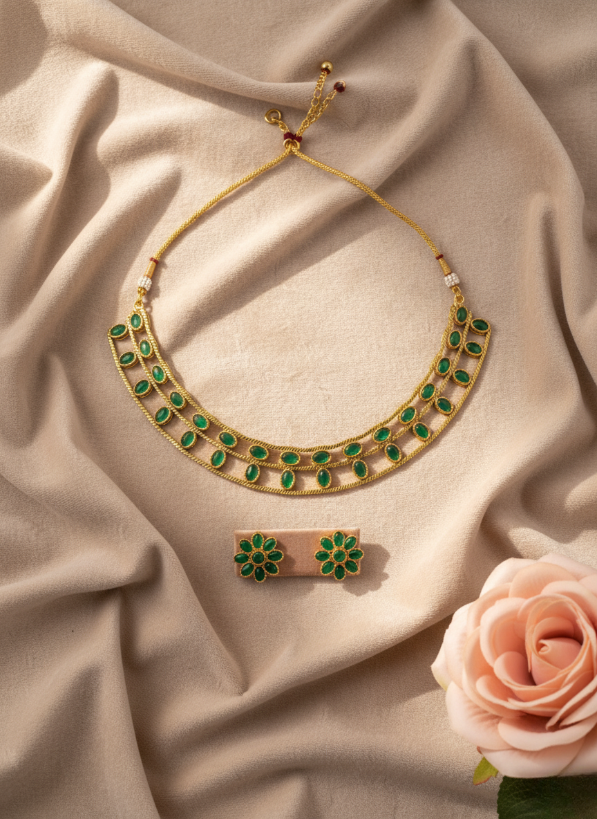 Emerald Green Double-Layer Choker Necklace Set – Antique Gold Finish