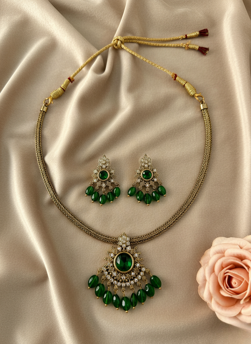 Emerald Green CZ & Pearl Necklace Set – Gold Finish