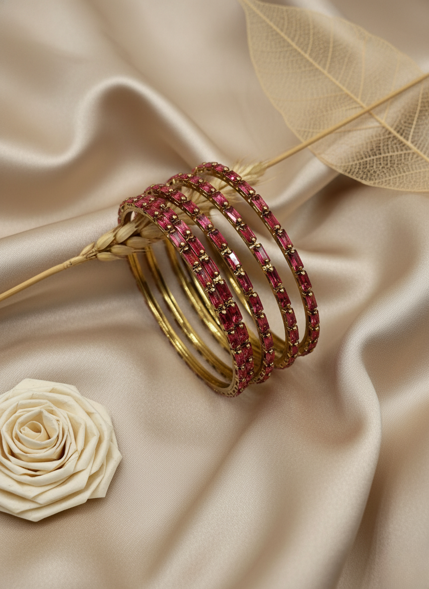 Radiant Pink Crystal Bangles (Set of 4)