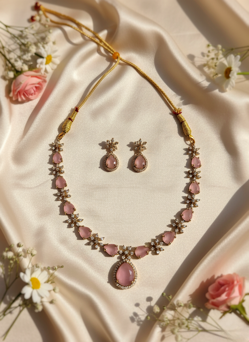 Blush Pink AD Necklace Set – Premium Gold Finish