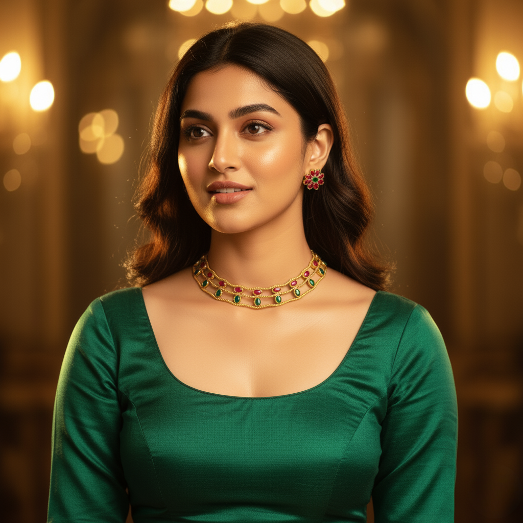 Ruby–Emerald Dual Stone Choker Necklace Set – Antique Gold Finish