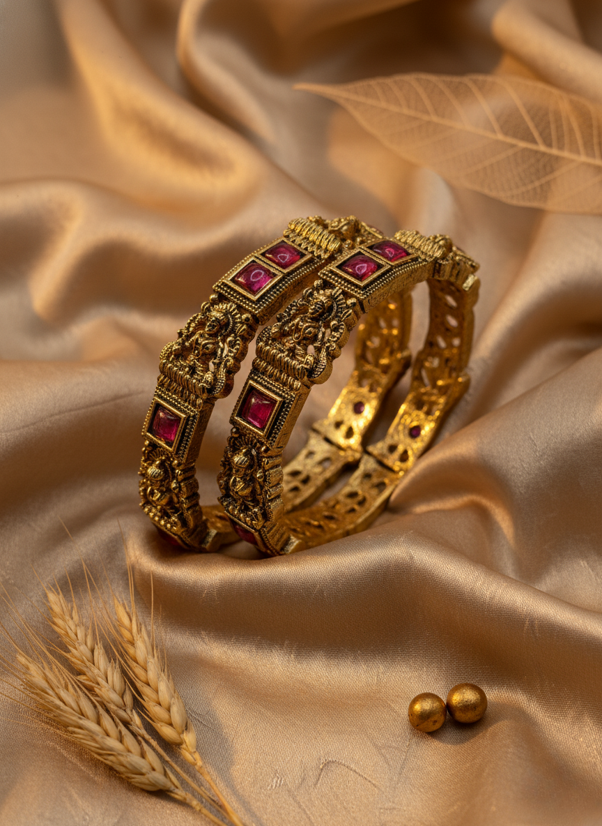 Temple Lakshmi Ruby Antique Bangles (Set of 2)
