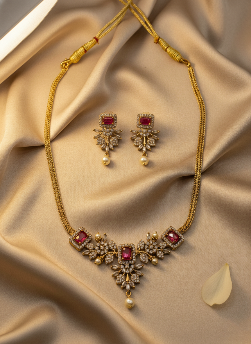 Kashwi Ruby Bloom AD Necklace Set