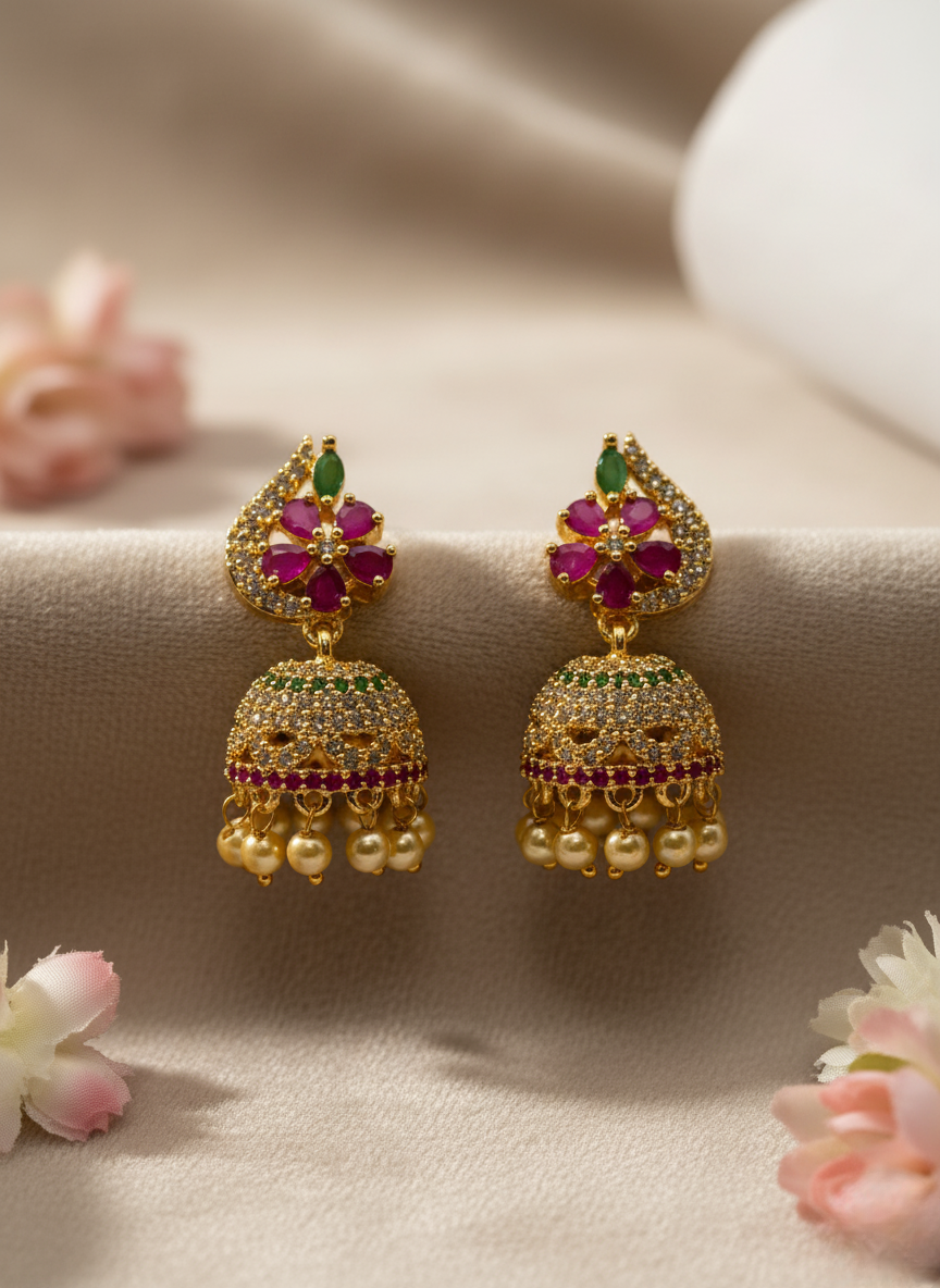 Emerald Ruby AD Jhumkis – Regal Bloom