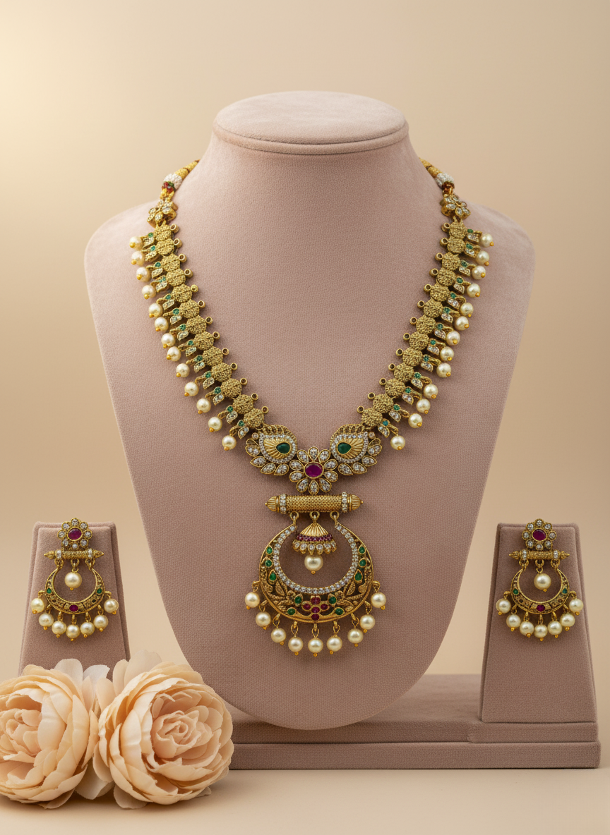 Antique Temple Chandbali Necklace Set – Ruby, Emerald & Pearl Finish