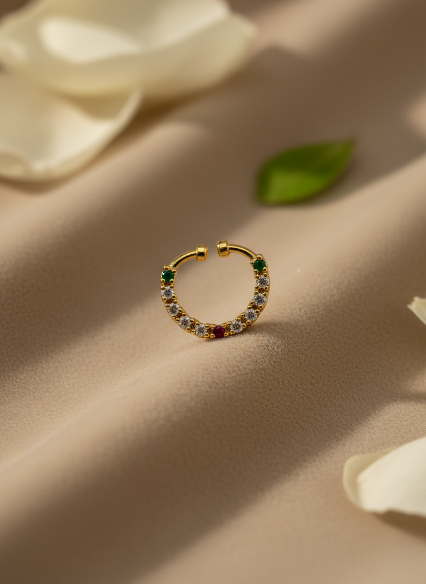 Emerald & Ruby AD Stone Nose Septum – Gold Finish