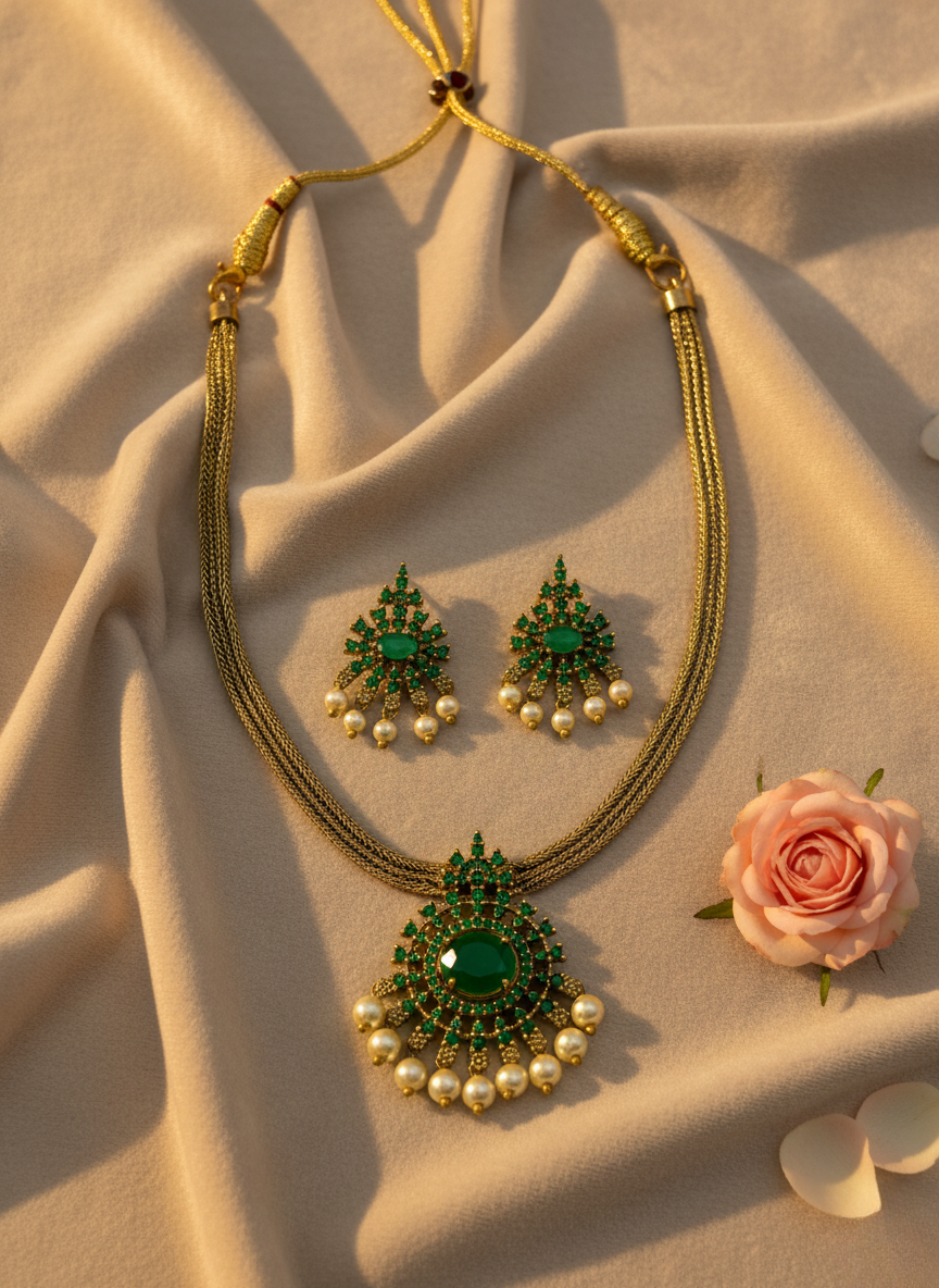 Emerald Green CZ & Pearl Necklace Set – Gold Finish