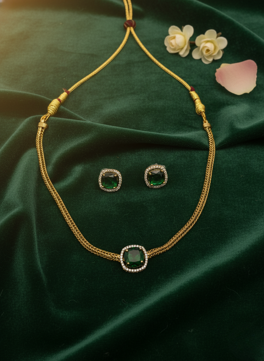 Emerald Solitaire CZ Necklace Set – Gold Finish