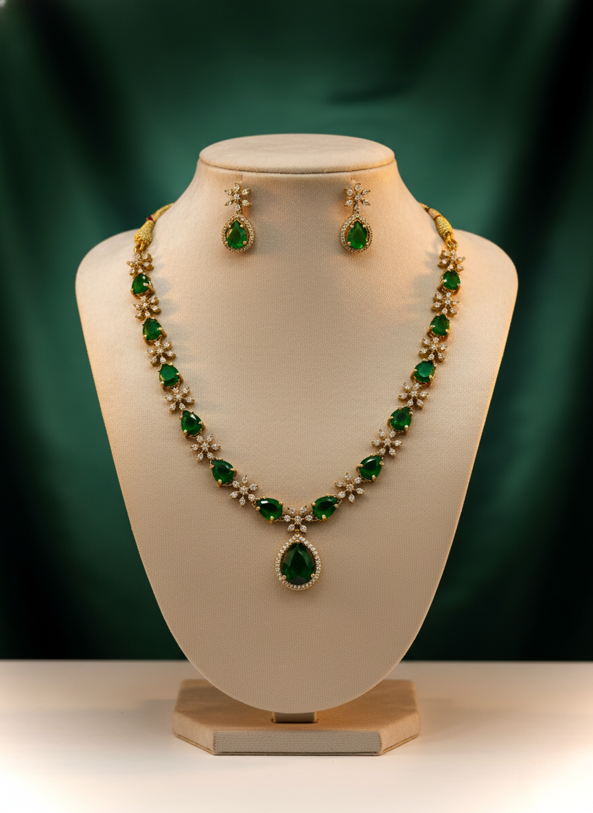Emerald Floral AD Necklace Set – Premium Sparkling Finish