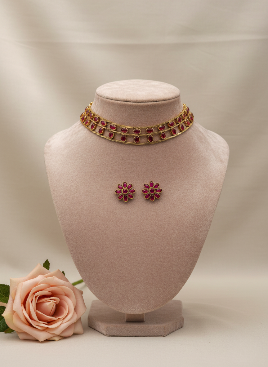 Ruby Stone Choker Necklace Set – Antique Gold Finish