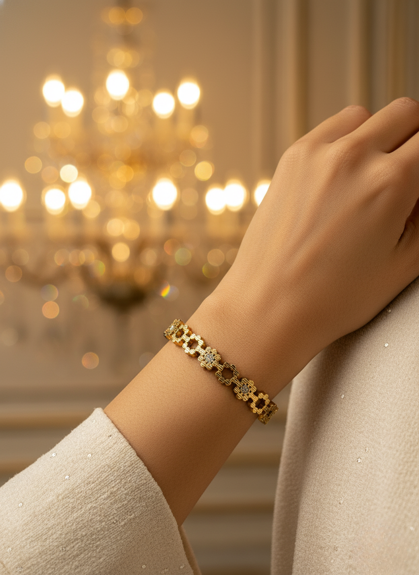 Floral Crystal Bracelet – Gold Bloom Elegance