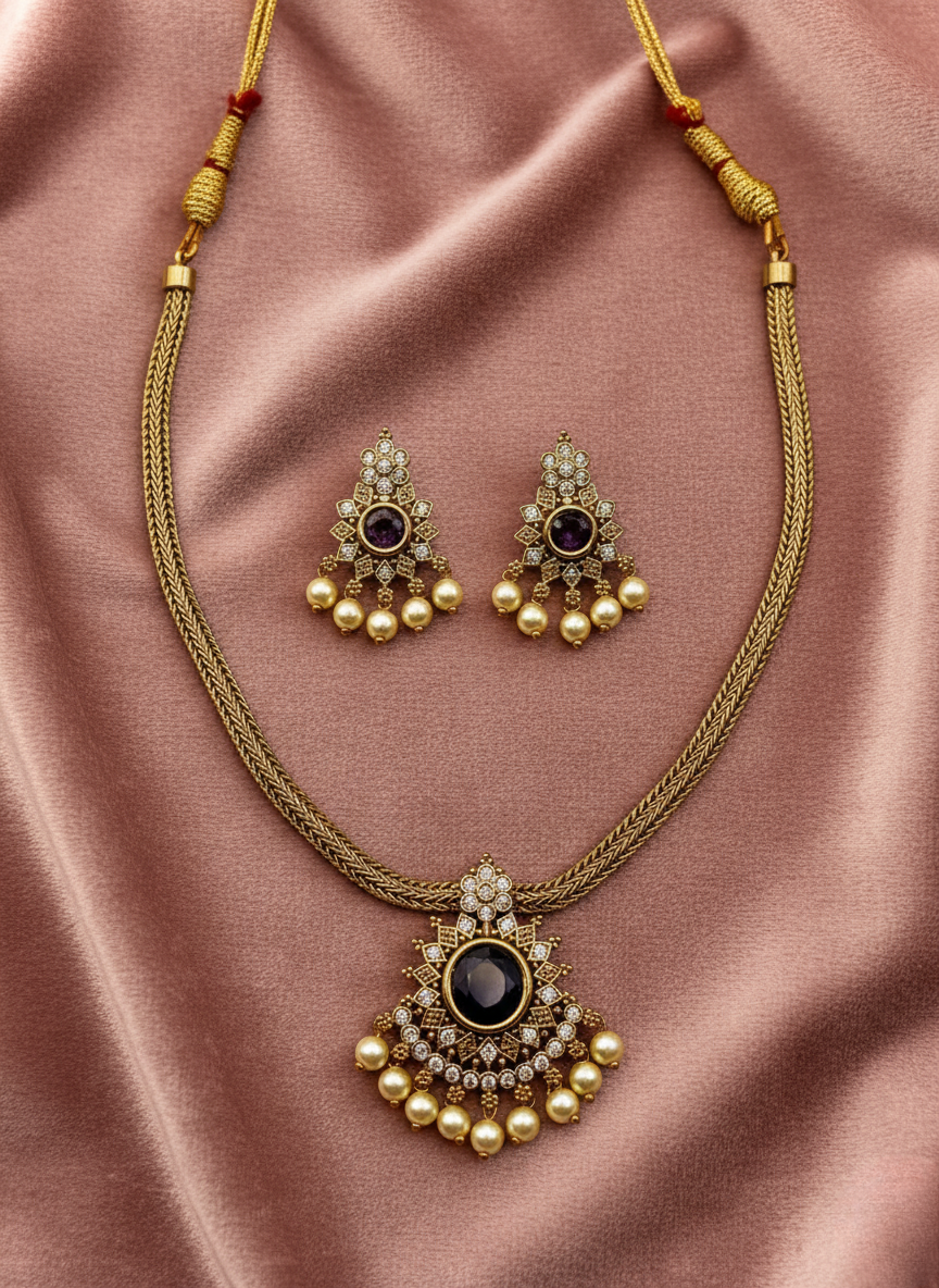 Black CZ & Pearl Necklace Set – Gold Finish