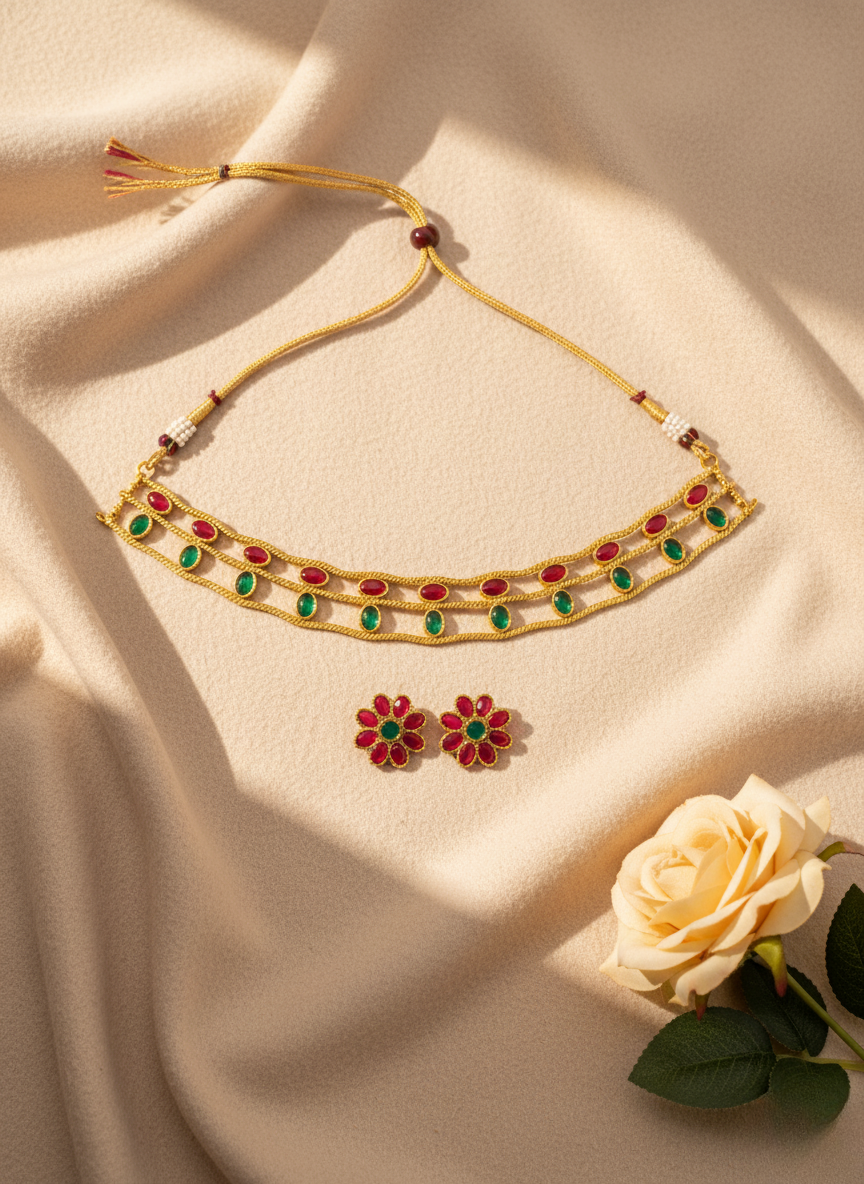 Ruby–Emerald Dual Stone Choker Necklace Set – Antique Gold Finish