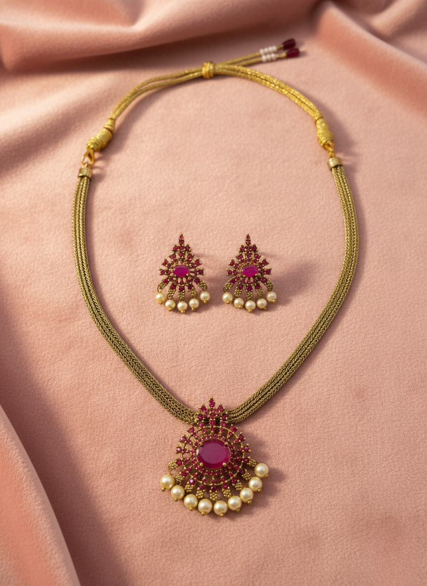 Ruby Red CZ & Pearl Necklace Set – Gold Finish