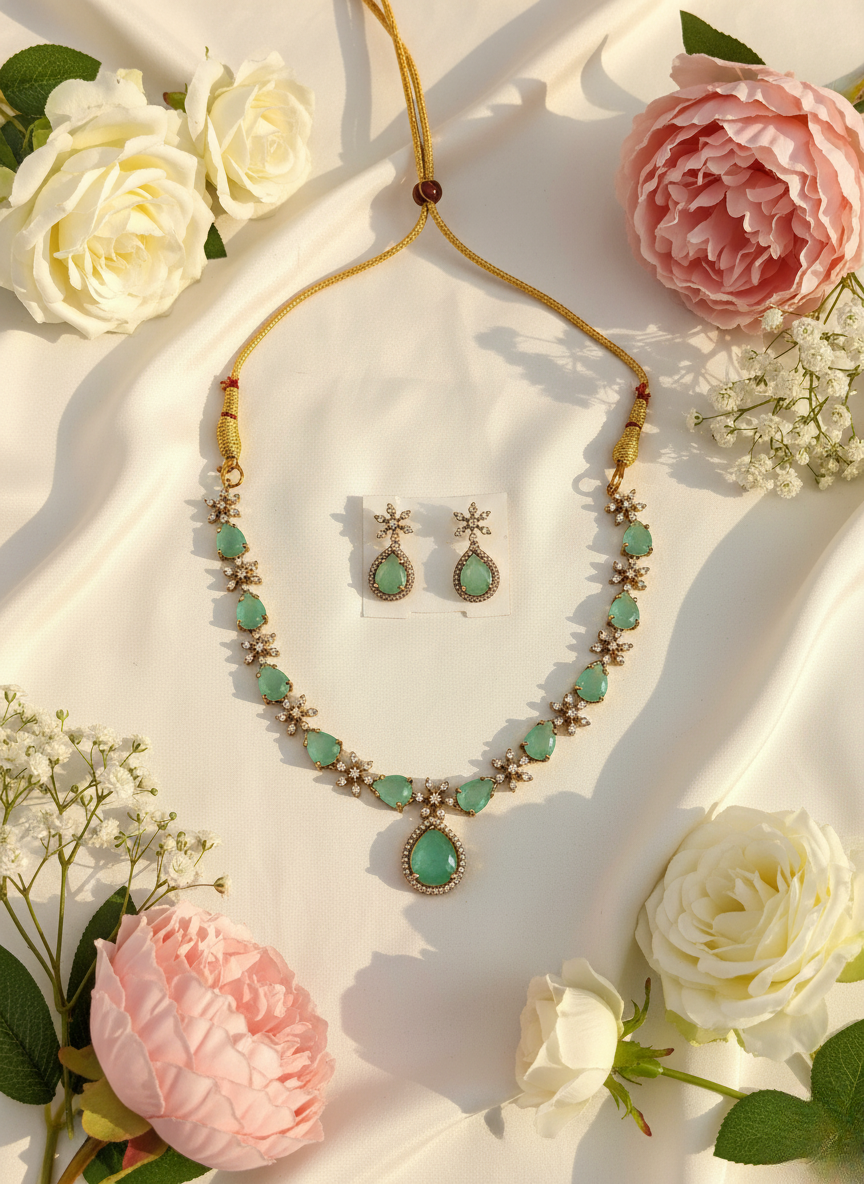 Mint Green AD Necklace Set – Luxe Floral Elegance