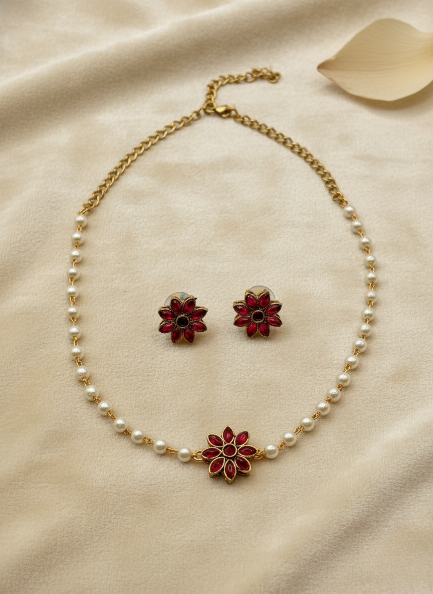 Kashwi Ruby Bloom Pearl Necklace Set