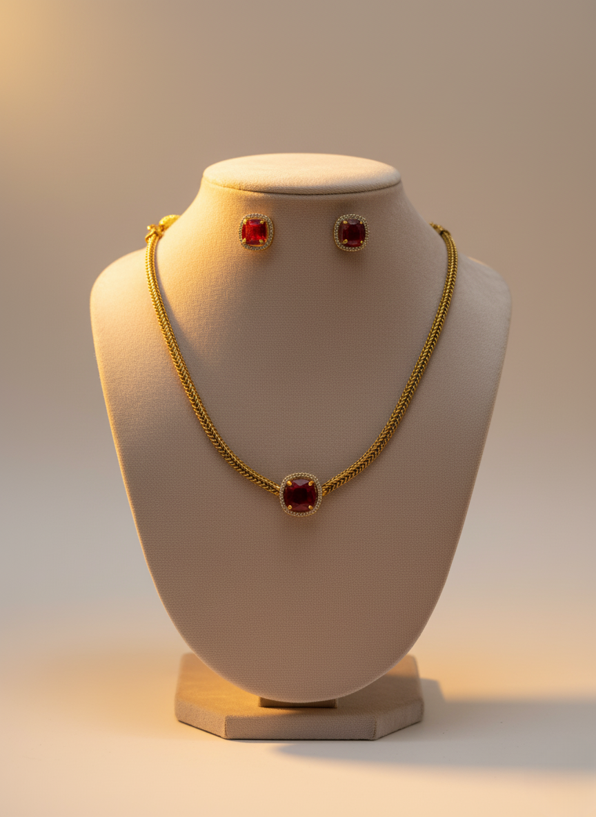 Ruby Solitaire CZ Necklace Set – Gold Finish