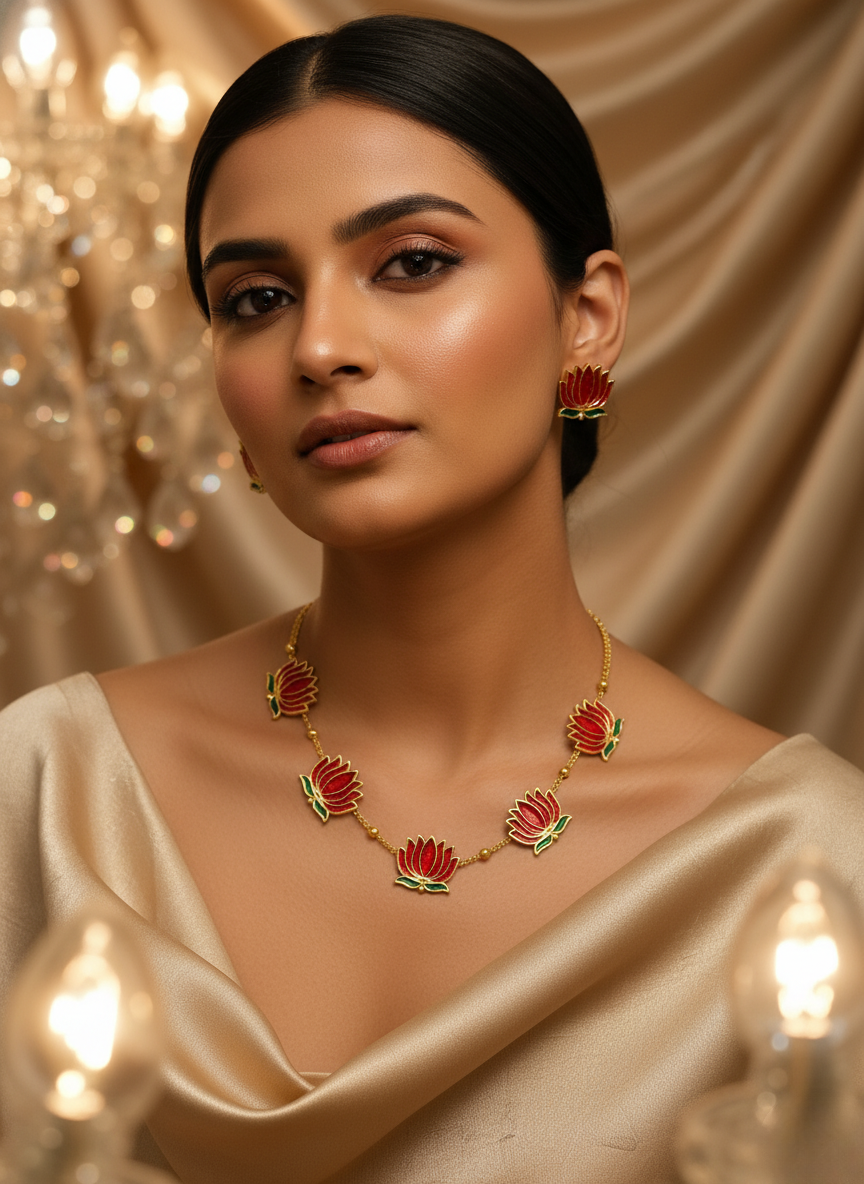 Kashwi Scarlet Lotus Enamel Necklace Set