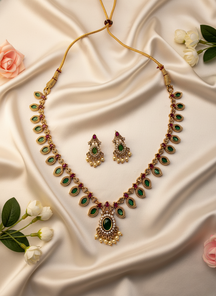 Palakka Emerald–Ruby Necklace Set – Traditional Kerala Design