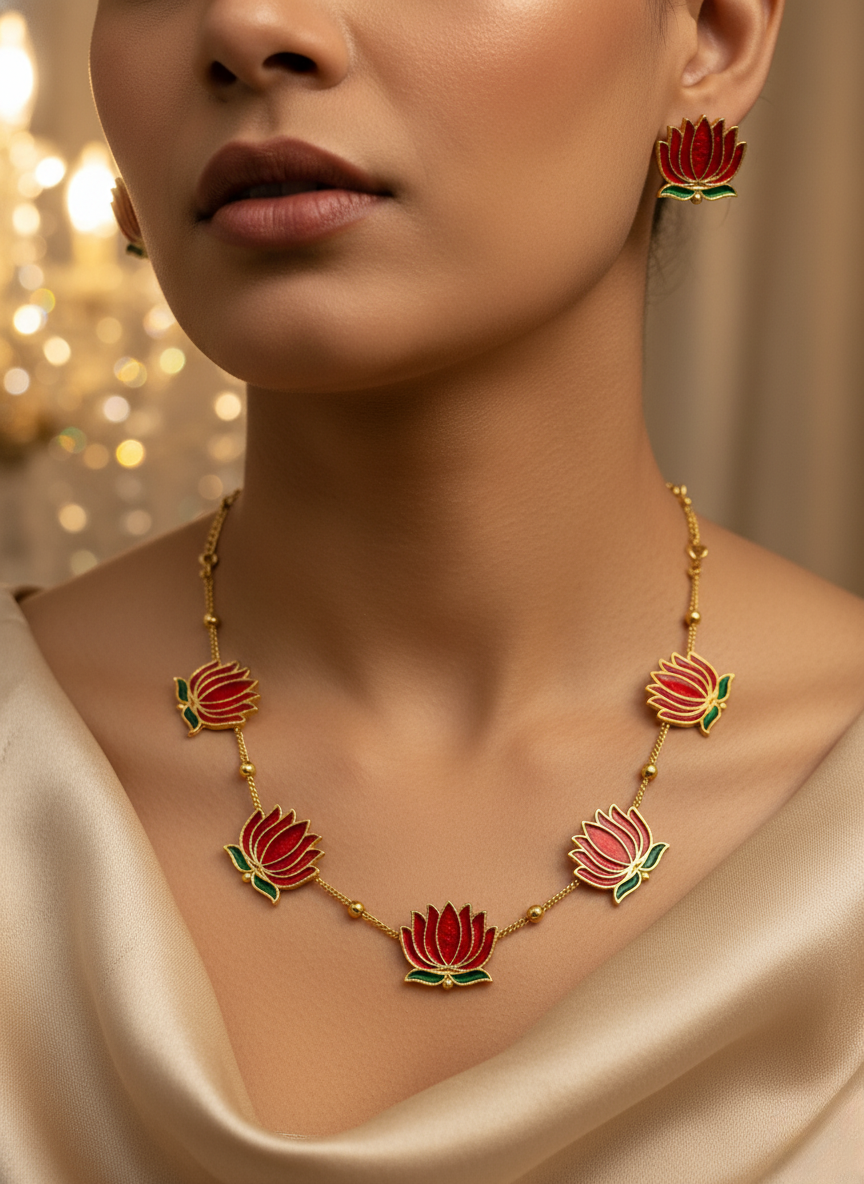 Kashwi Scarlet Lotus Enamel Necklace Set