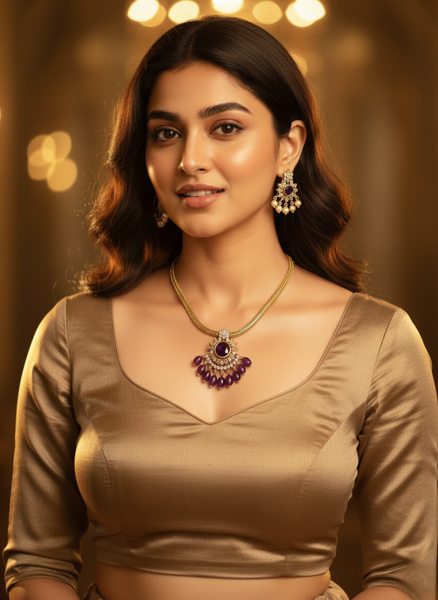 Royal Amethyst CZ & Pearl Necklace Set – Gold Finish