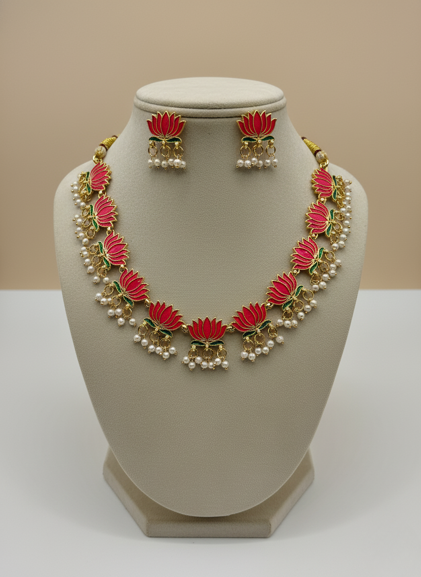 Lotus Enamel Pearl Necklace Set – Ruby Edition