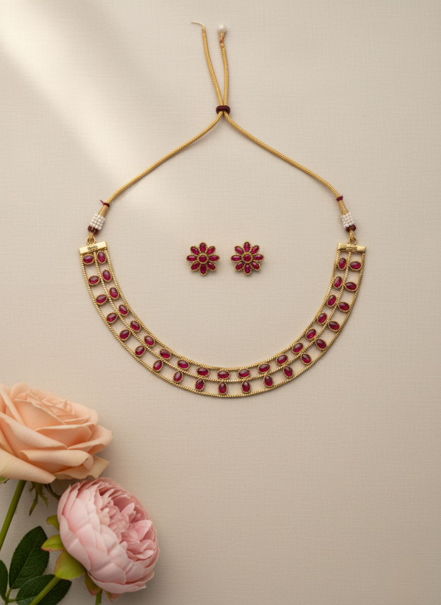 Ruby Stone Choker Necklace Set – Antique Gold Finish