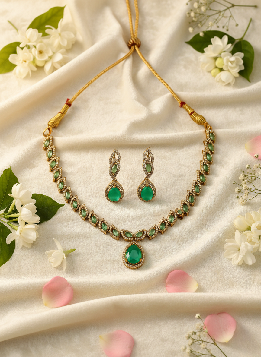 Emerald AD Necklace Set – Antique Gold Finish