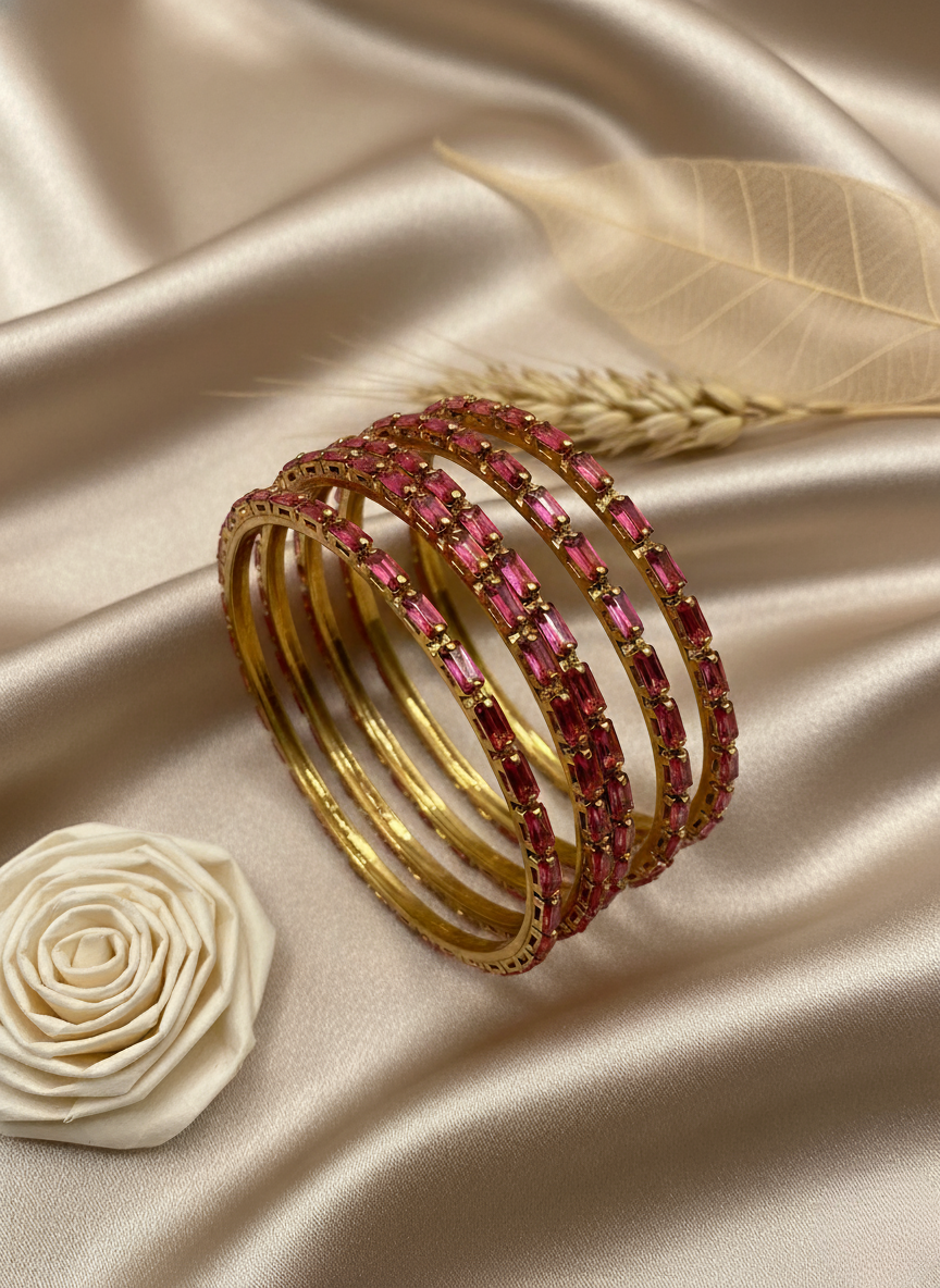 Radiant Pink Crystal Bangles (Set of 4)