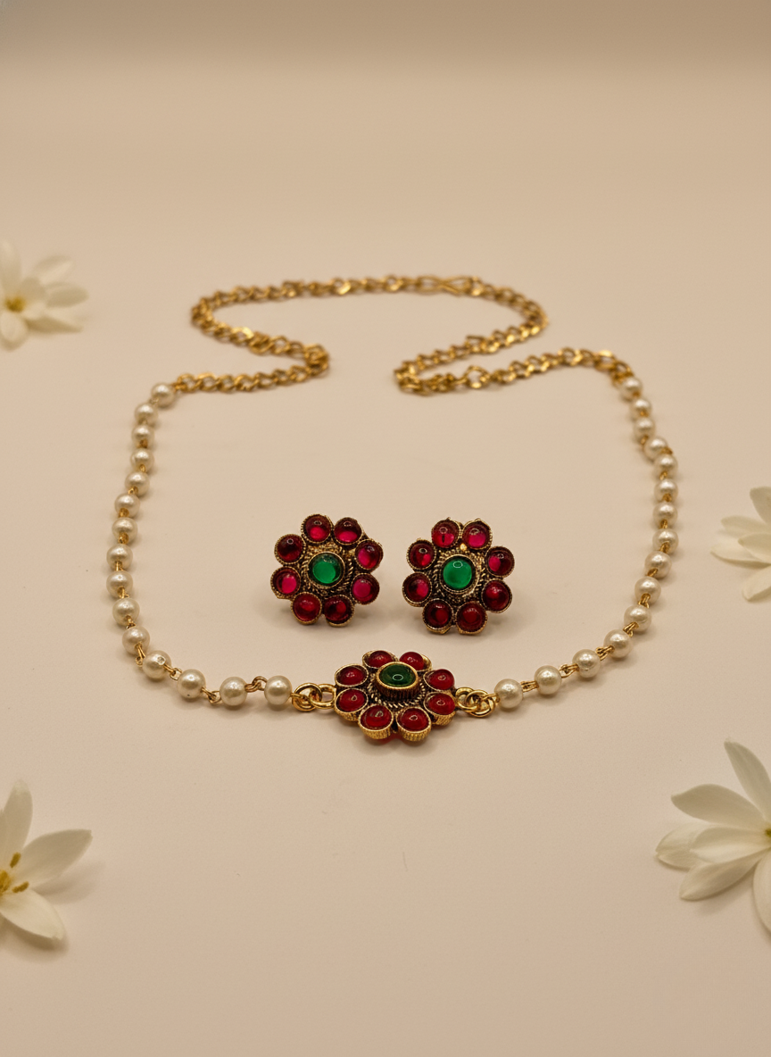 Kashwi Gulmohar Pearl Necklace Set
